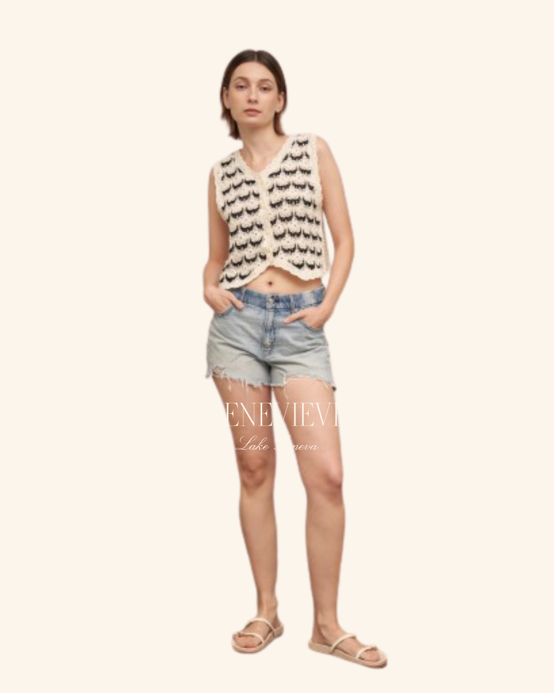 En Creme Floral Crochet Vest