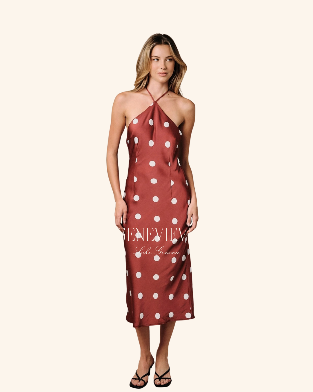 Sunday Edition Wine White Polka Dot Halter Midi
