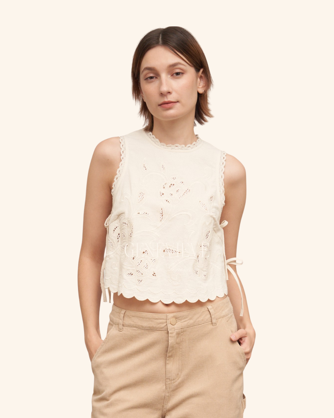 En Creme Cream Sleeveless Side-Tie Top
