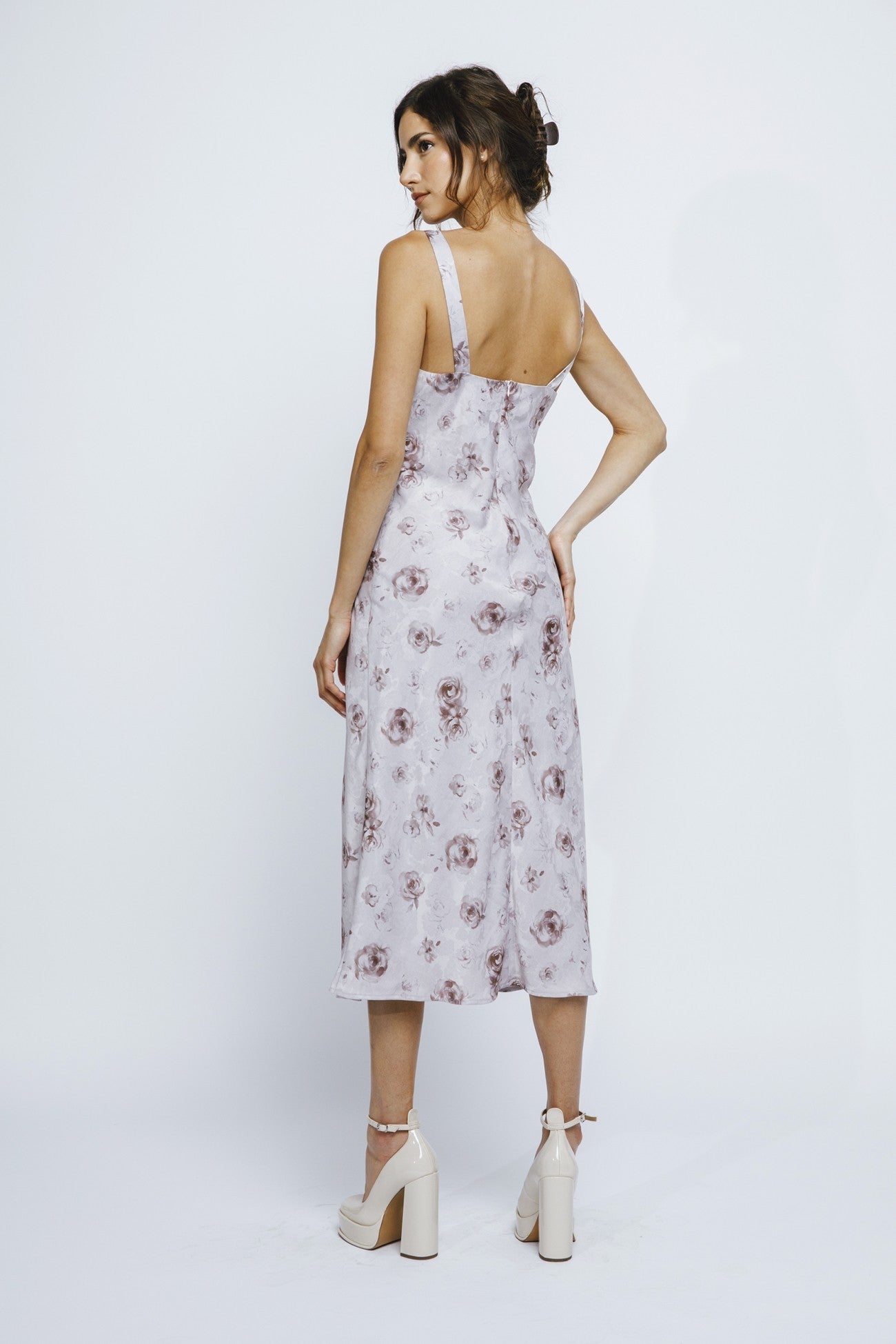 Storia Rose Print Satin Slip Midi Dress