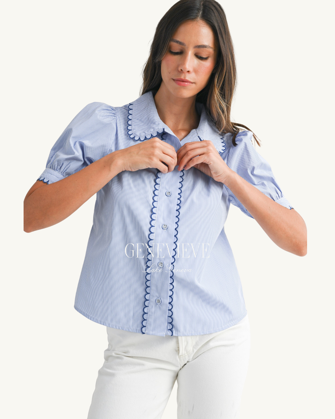 Mable Blue Stripe Scallop Blouse