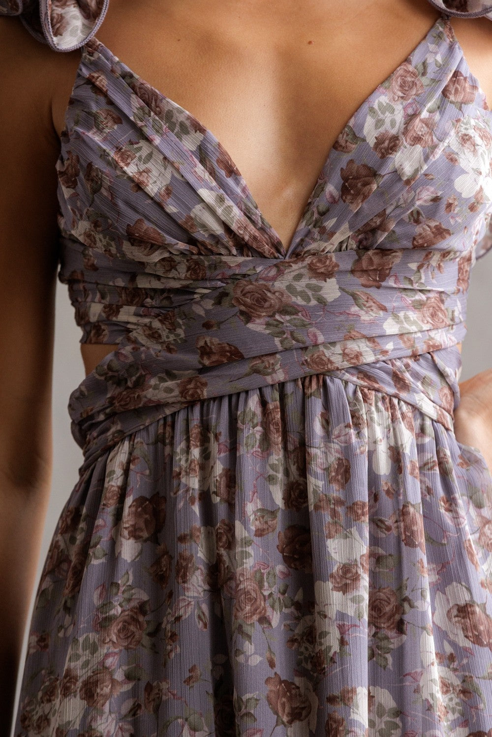 Storia Floral Ruffle Strap Lace-up Midi Dress