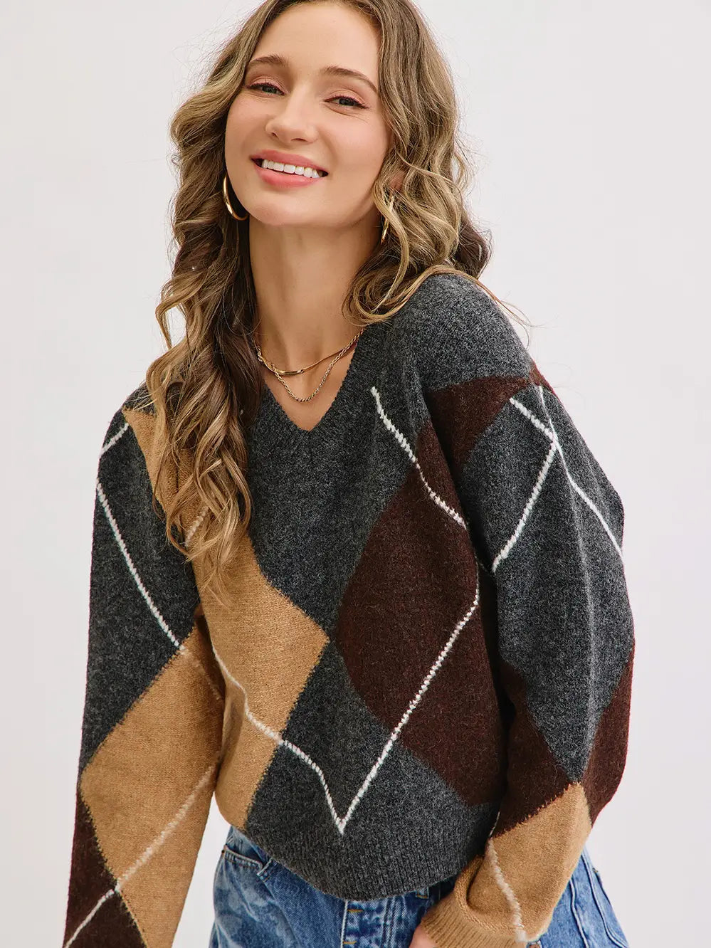 Sweet Lovely V-Neckline Argyle Knit Sweater