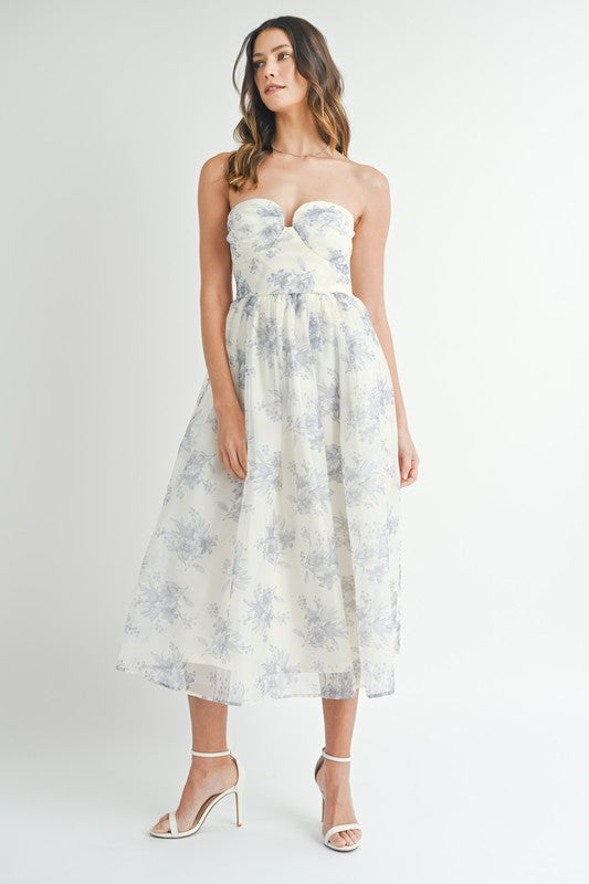 Floral Organza Plunged Strapless Midi Dress