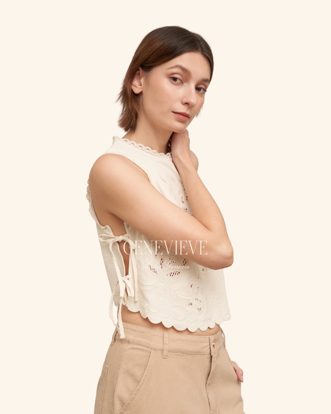 En Creme Cream Sleeveless Side-Tie Top