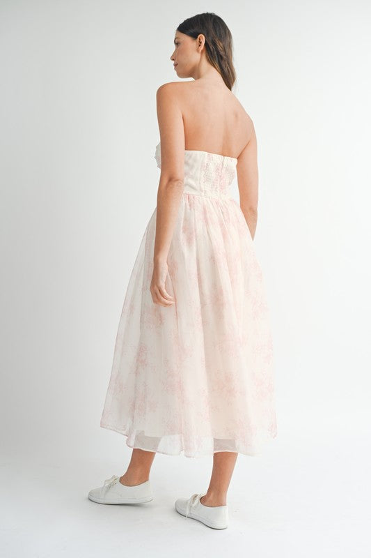 Floral Organza Plunged Strapless Midi Dress