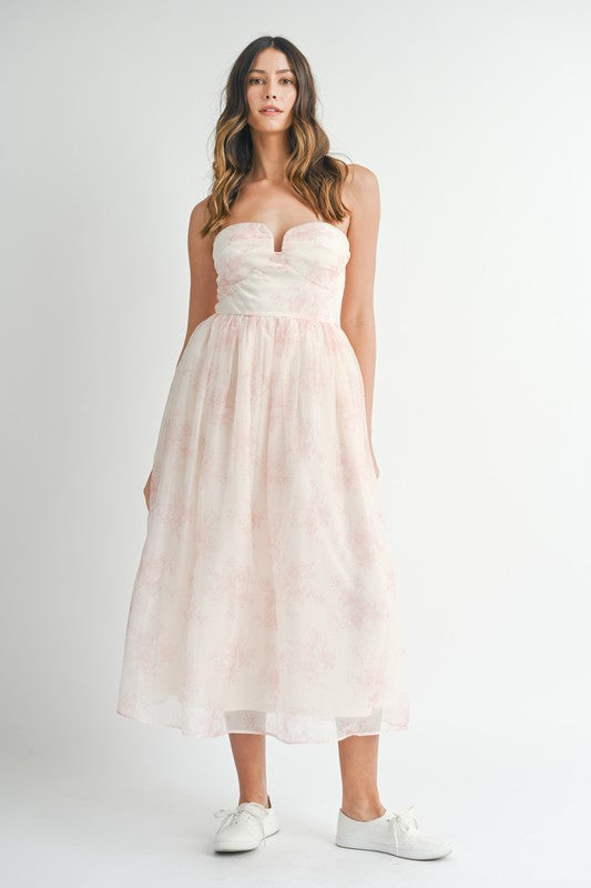 Floral Organza Plunged Strapless Midi Dress