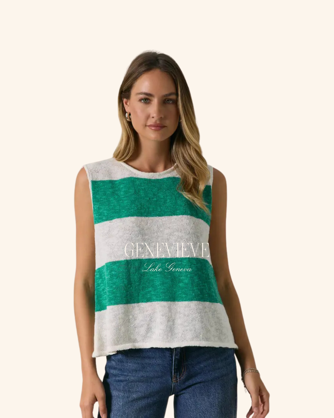 Sunday Edition Green and White Sleeveless Knit Top
