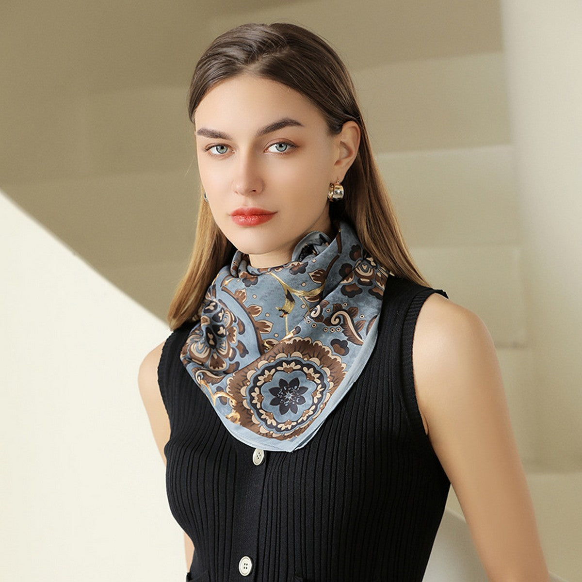 Blue Flower Print Small Neck Silk Scarf Square