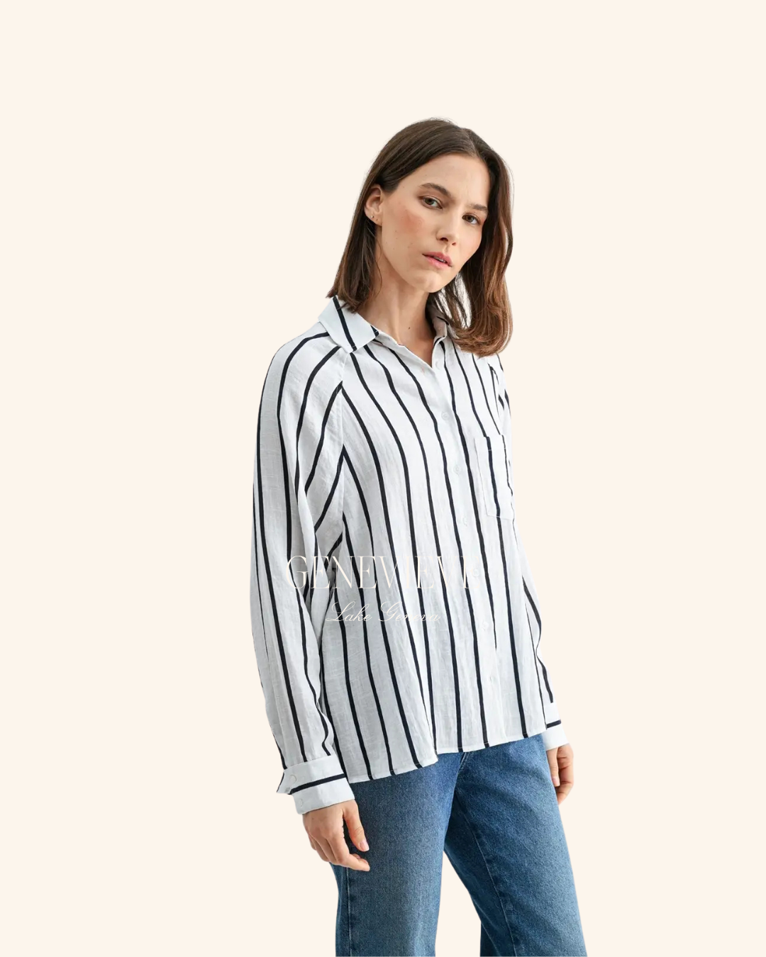 Fun2Fun White Black Stripe Collar Button Down