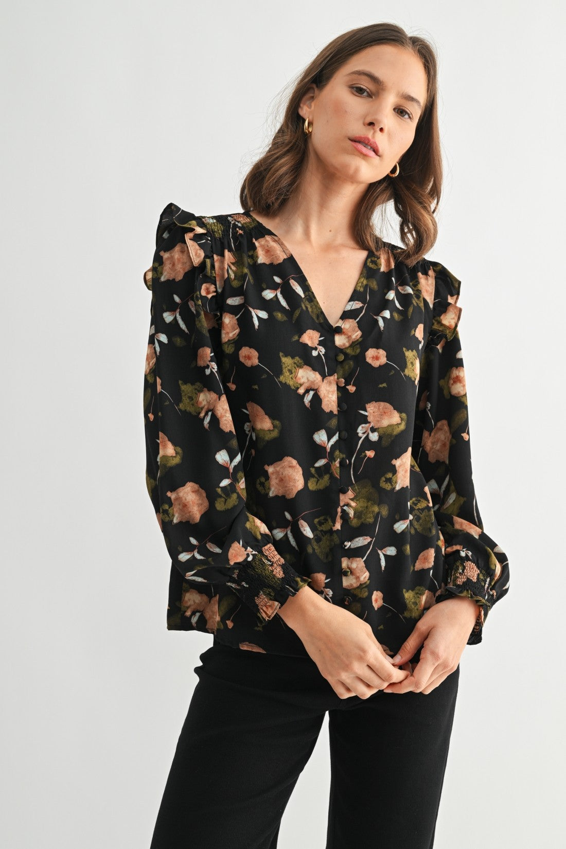 Fun2Fun Flower Print Satin Smocking Detail Blouse