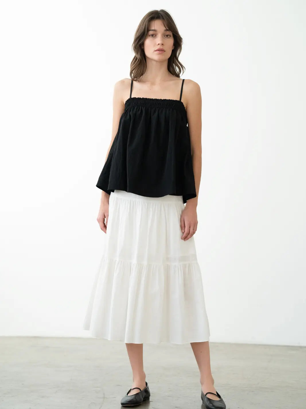 Elle Grey Elastic Waist Tiered Midi Skirt