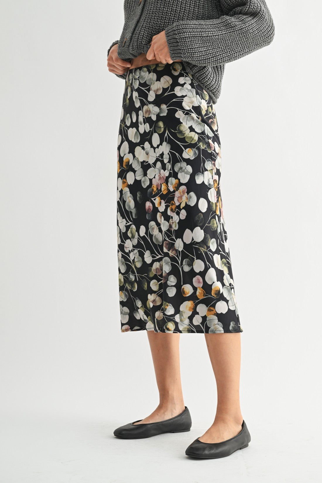 Fun2Fun Flower Print Bias Cut Midi Skirt