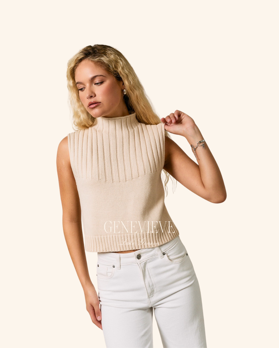 Twenti Champagne Sleeveless Mock Neck Top