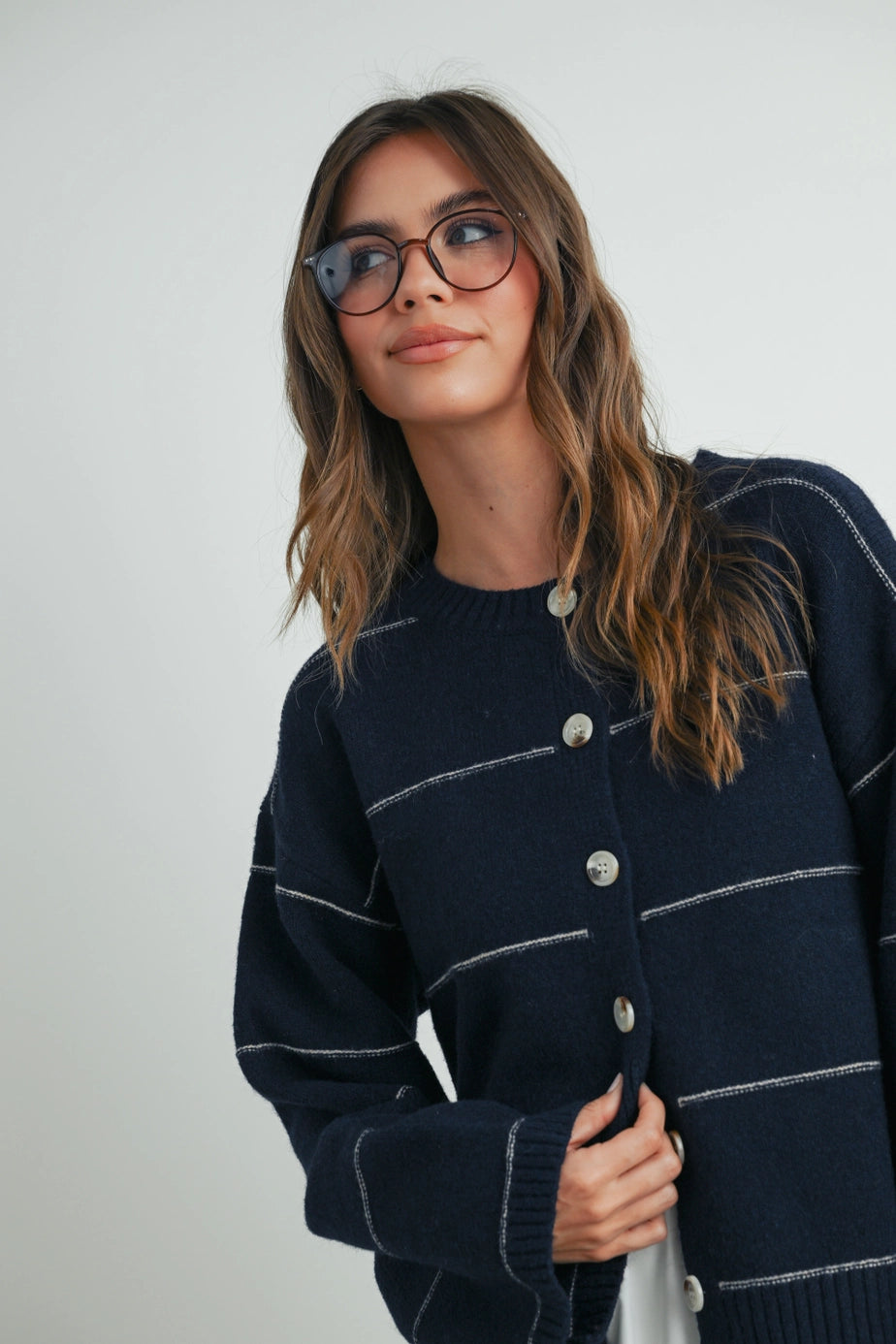 Butermelon Navy Button Front Striped Cardigan
