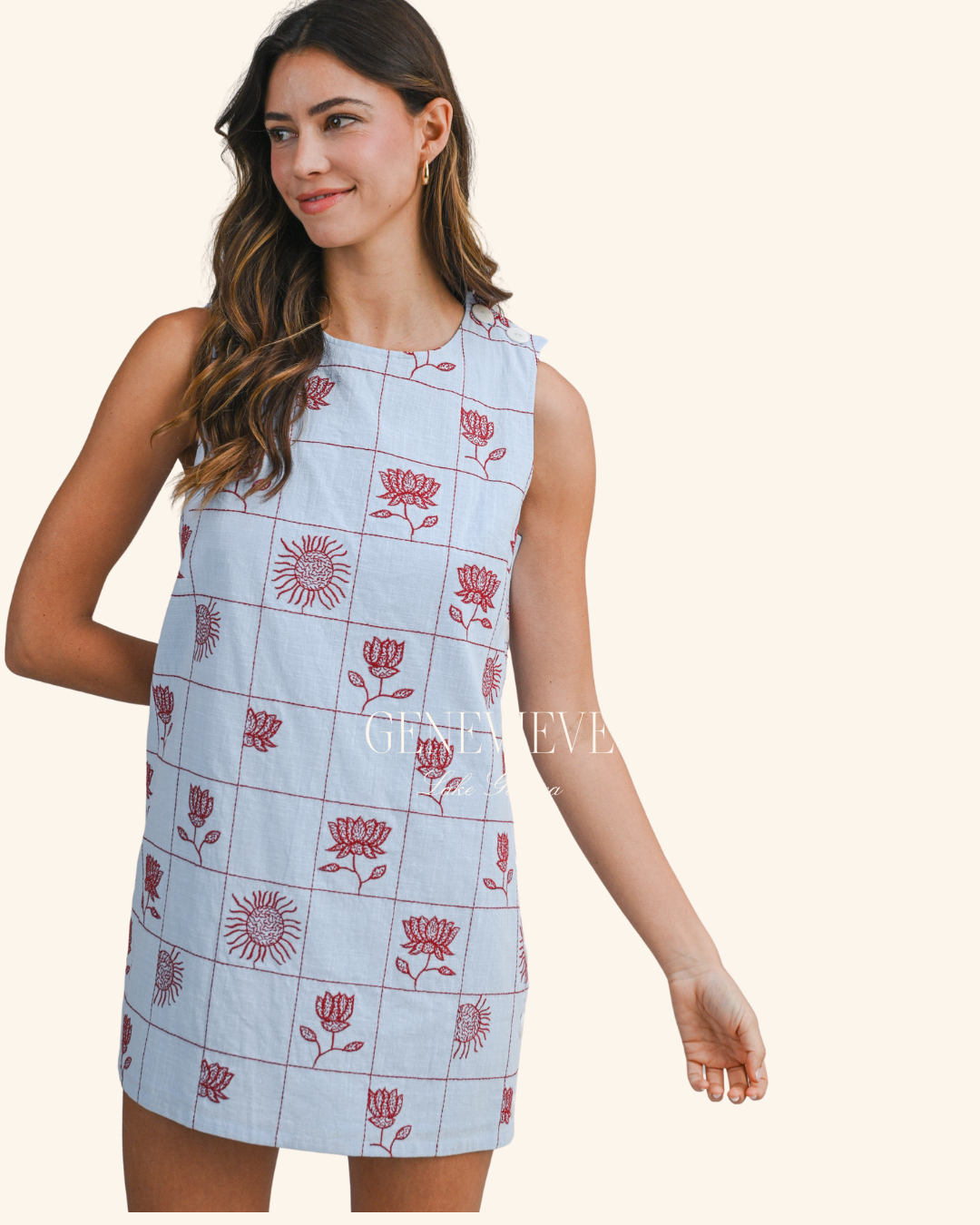 Mable Grid Floral Embroidered Sleeveless Mini Dress