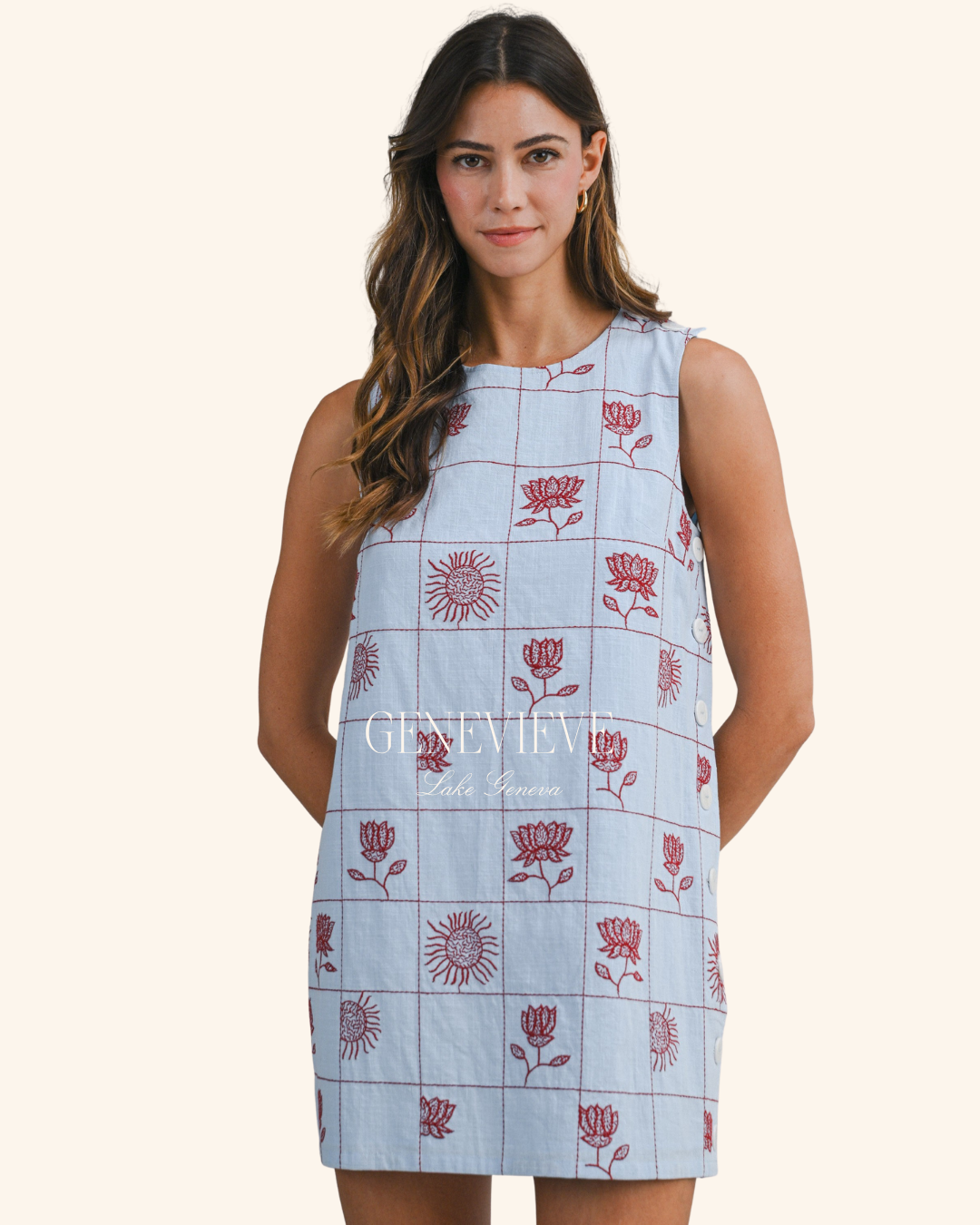 Mable Grid Floral Embroidered Sleeveless Mini Dress