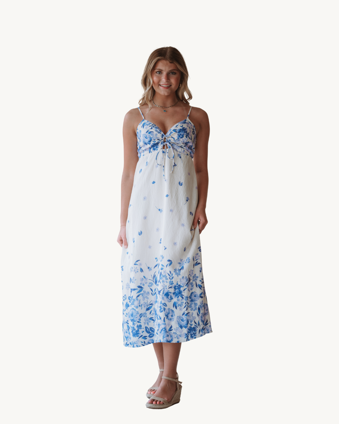 En Crème White & Blue Floral Midi Dress