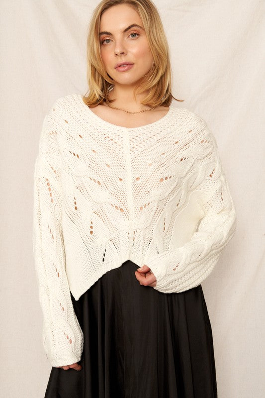 V-Neck Cable Knit Cropped Sweater