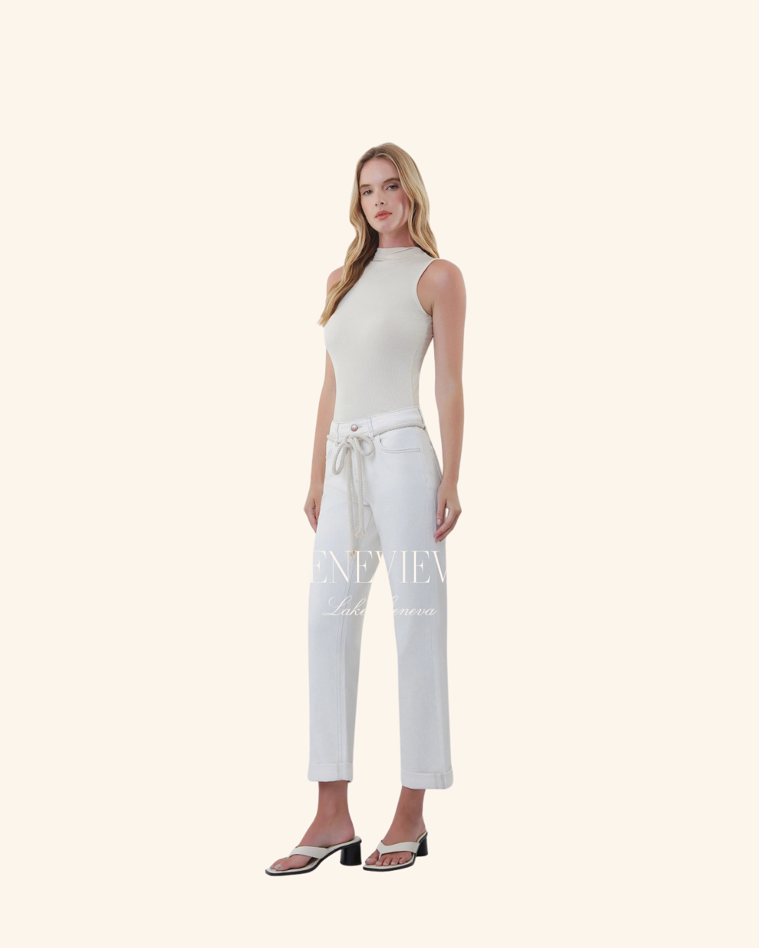 Flying Monkey White Cuff Boyfriend Jean With Rope Belt