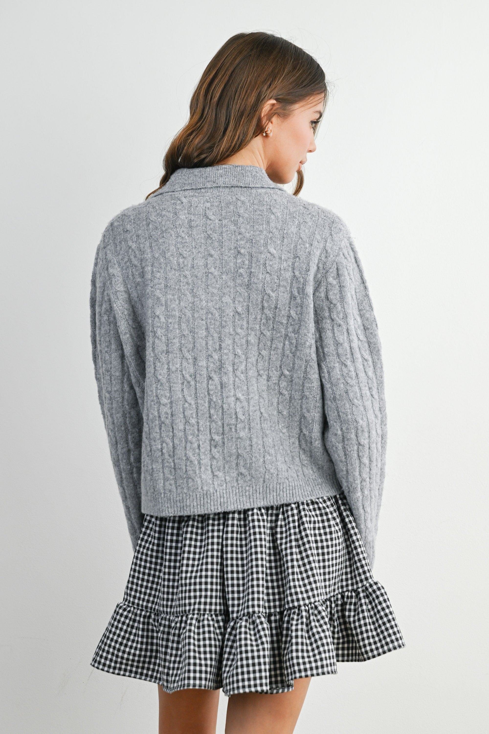 Buttermelon Cable-Knit V-neck Collared Top