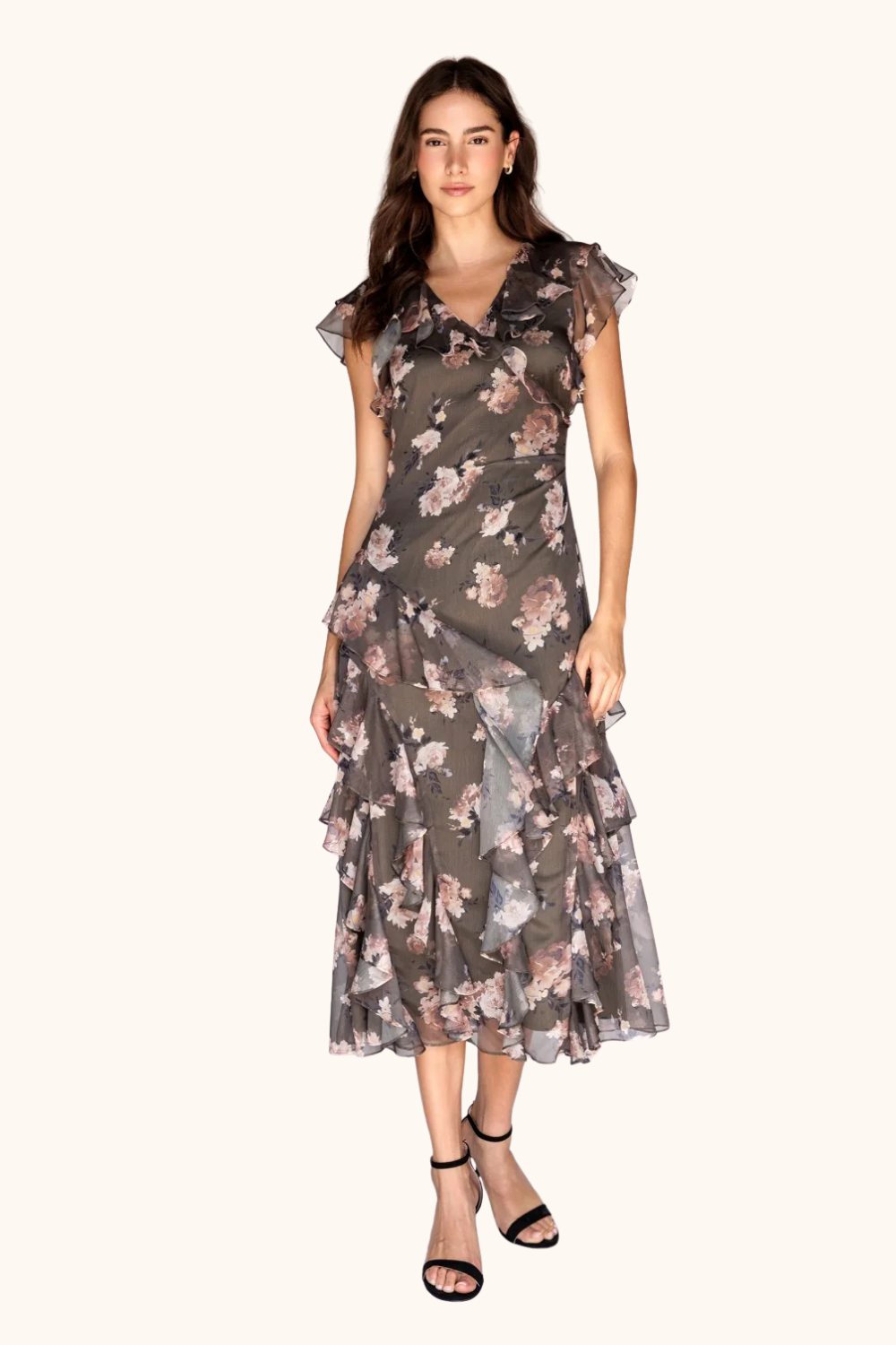 Storia Floral Ruffle Tiered Midi Dress