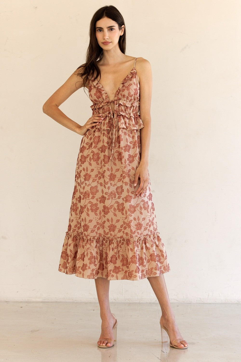 Storia Floral Ruffle Midi Dress
