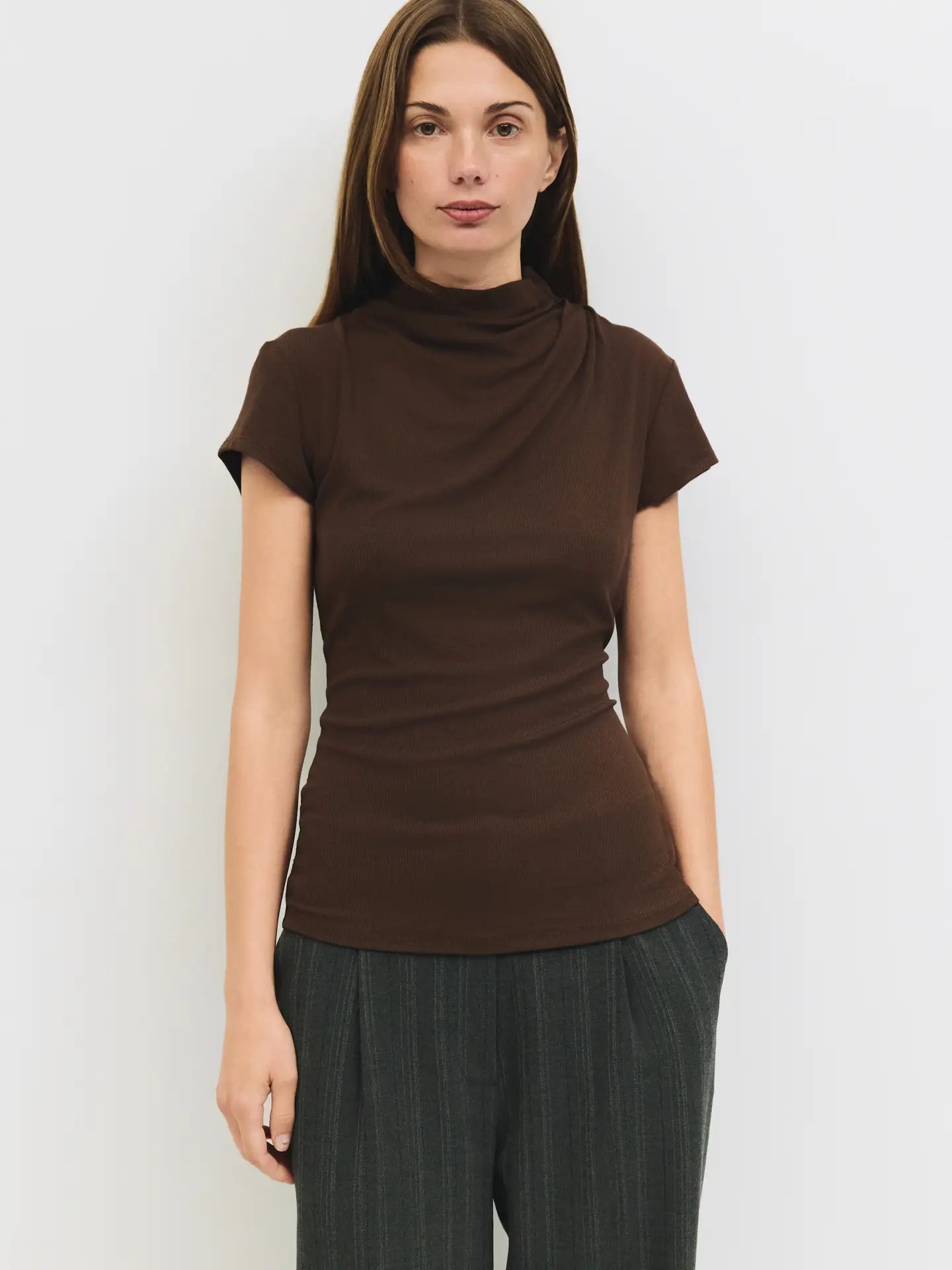 All Row Cap Sleeve Mock Cowl Neck Top