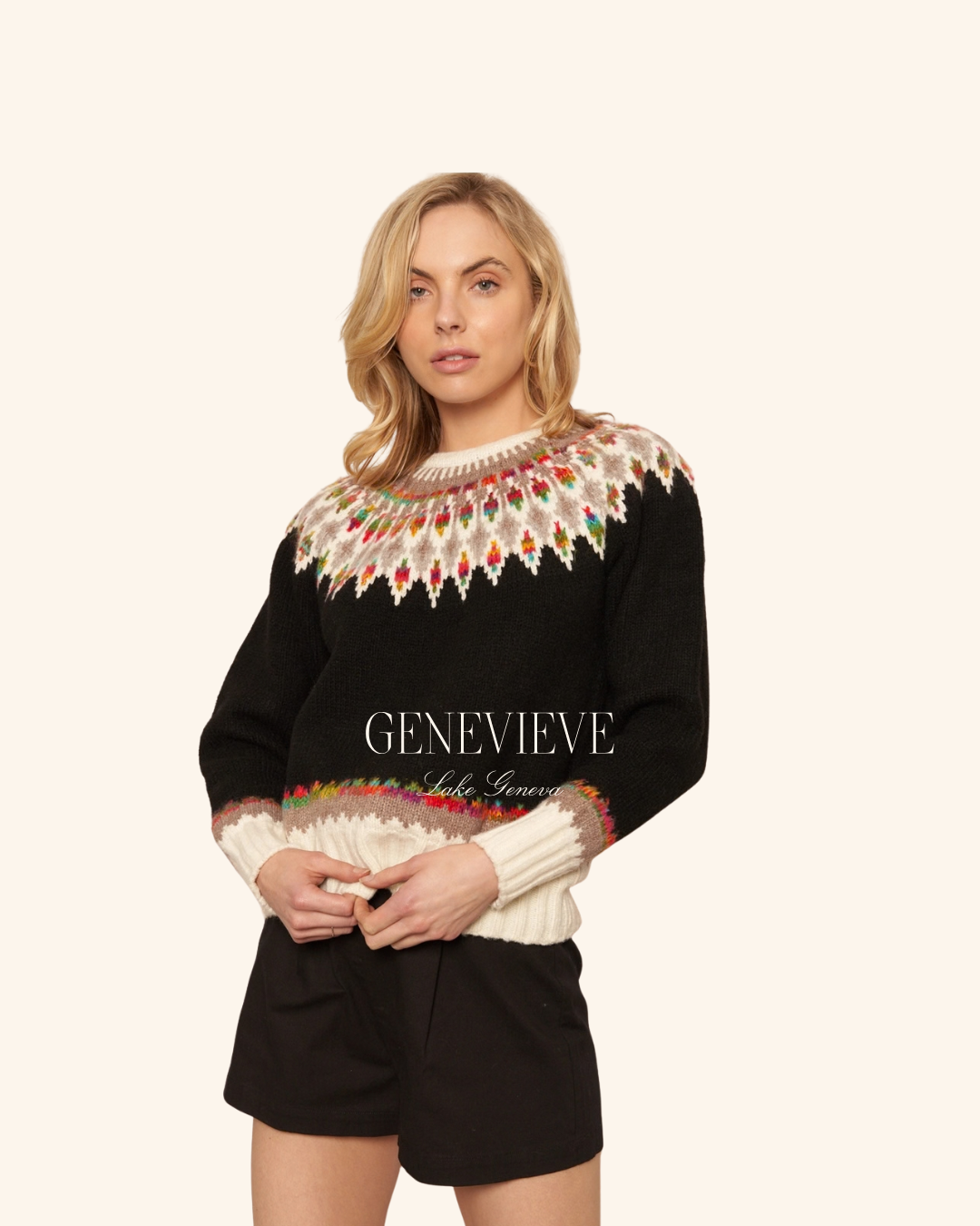 En Creme Black Multicolored Feather Print Sweater