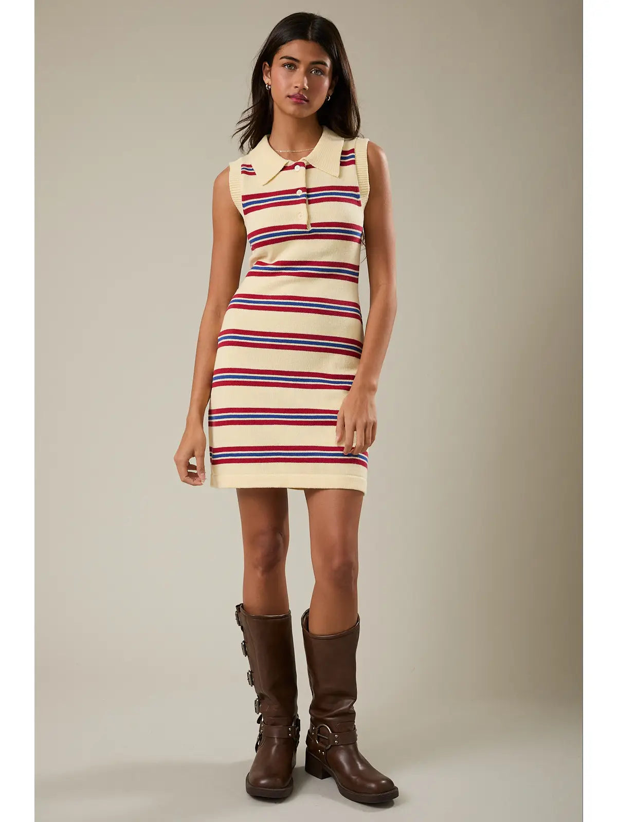 Le Lis Sleeveless Collared Stripe Sweater Dress