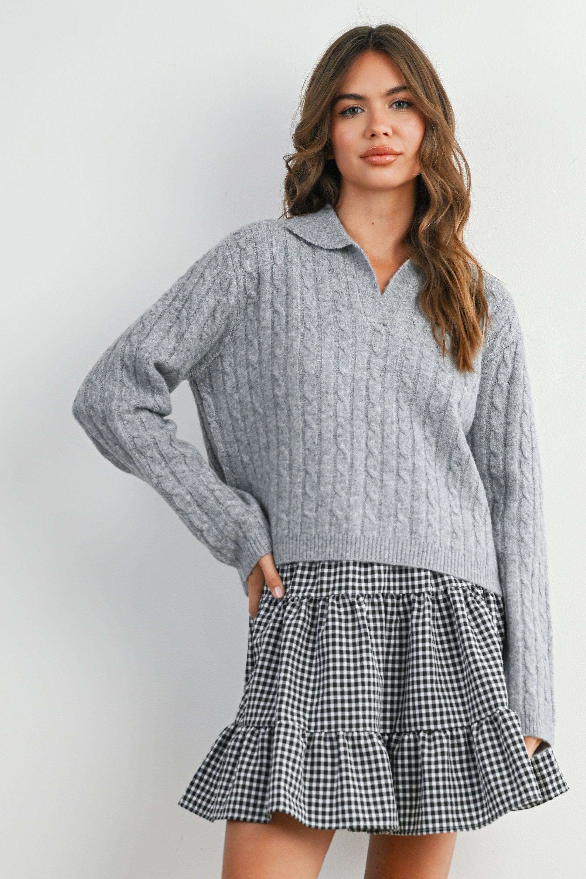 Buttermelon Cable-Knit V-neck Collared Top