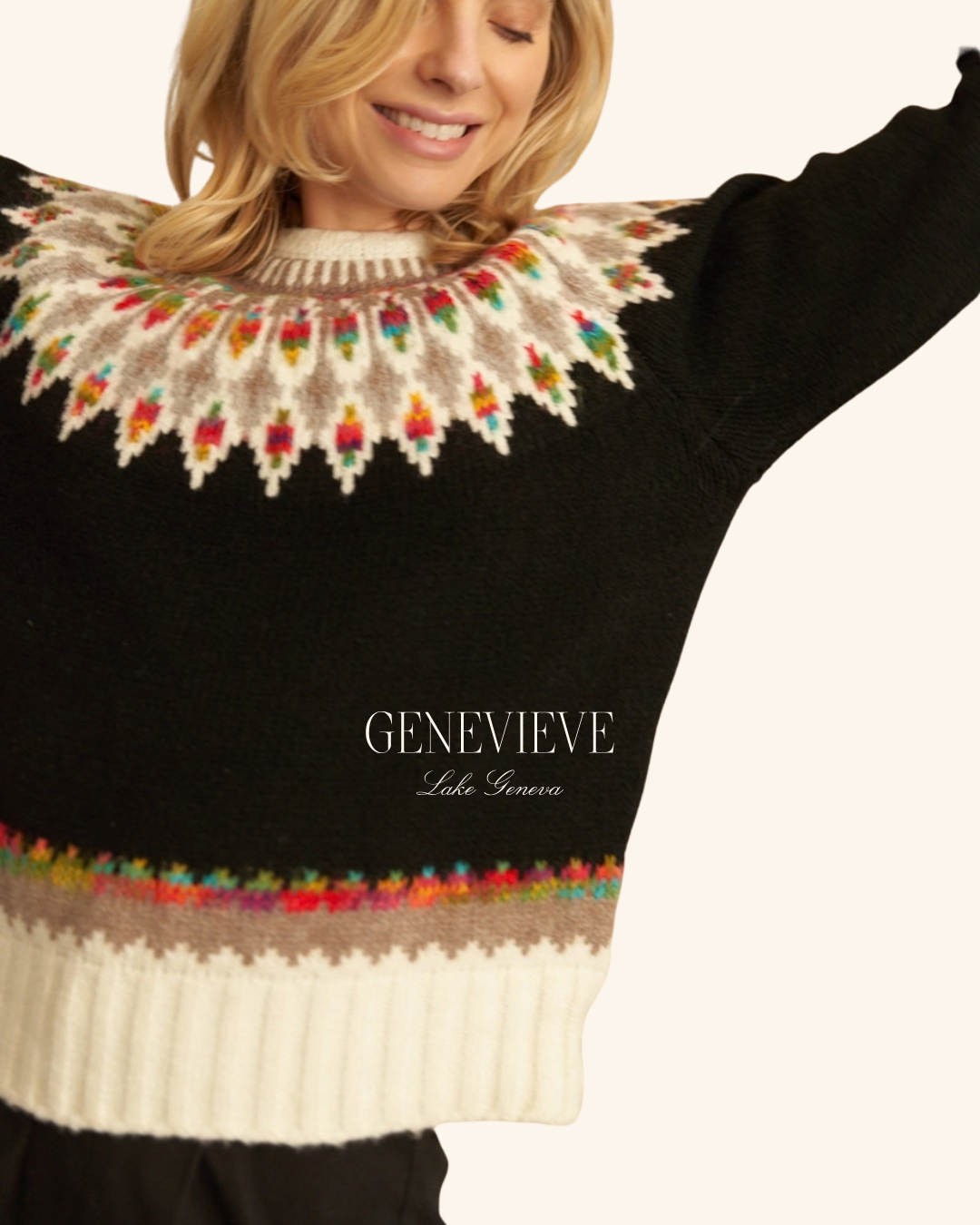 En Creme Black Multicolored Feather Print Sweater