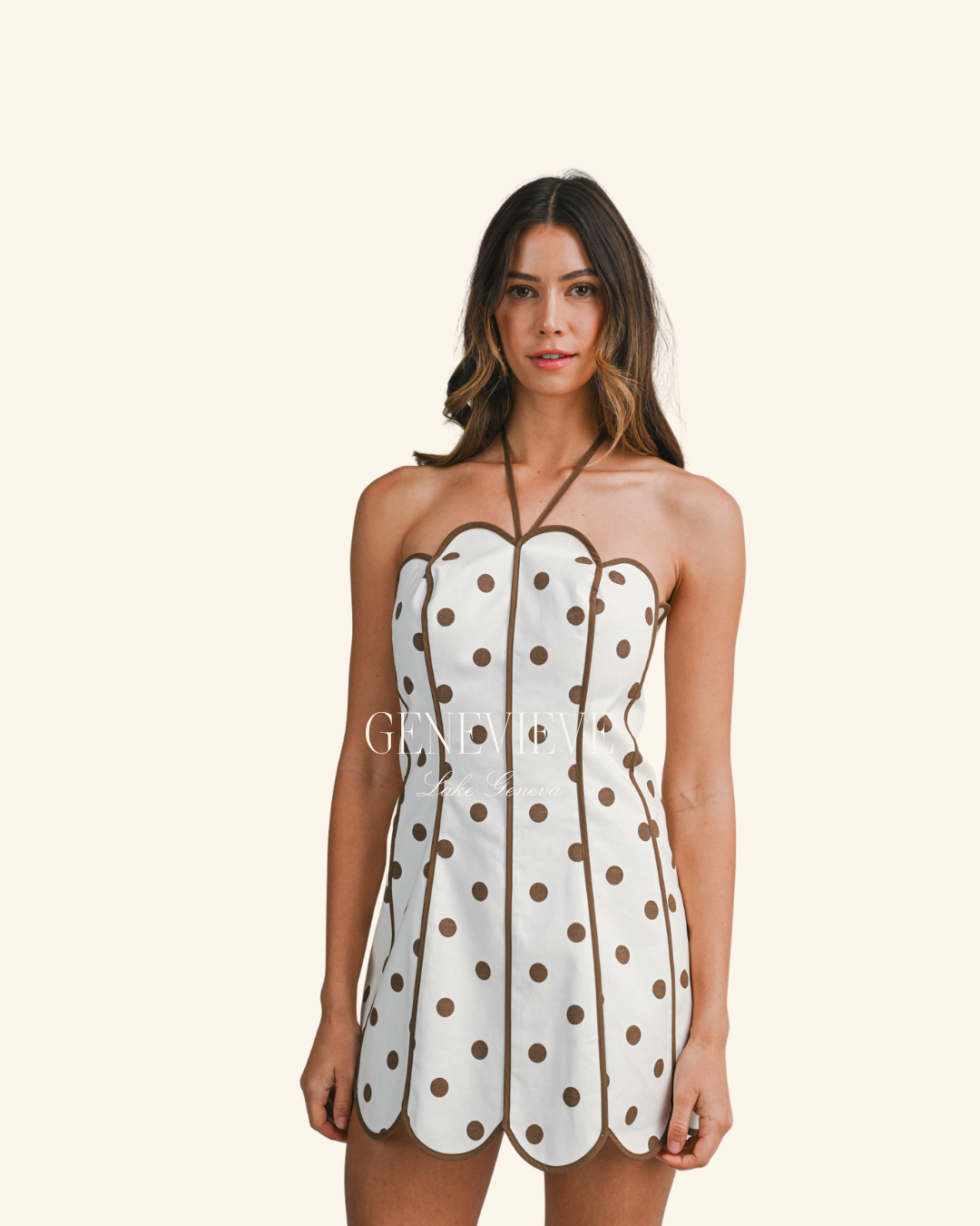 Mable Brown Polka Dot Halter Scalloped Mini Dress