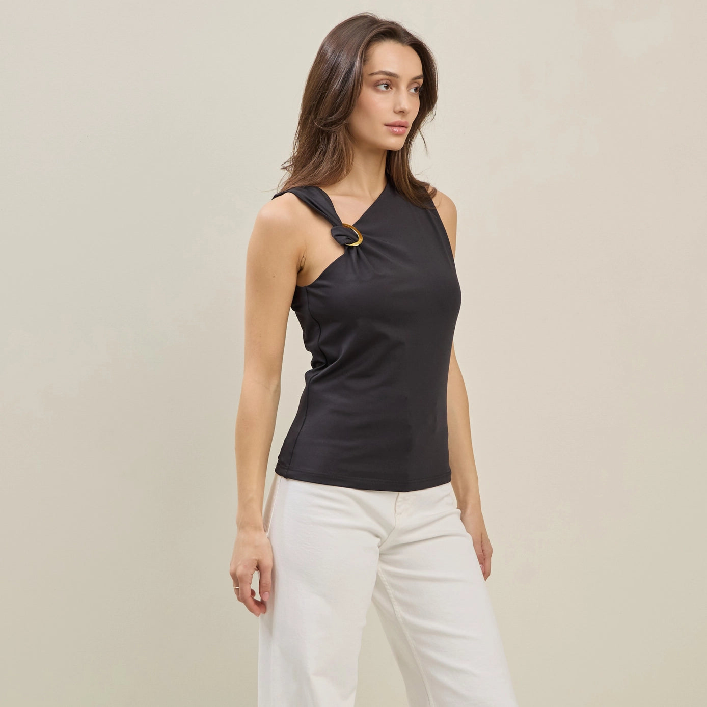 Able Asymmetrical Shoulder Top with Metal Ring