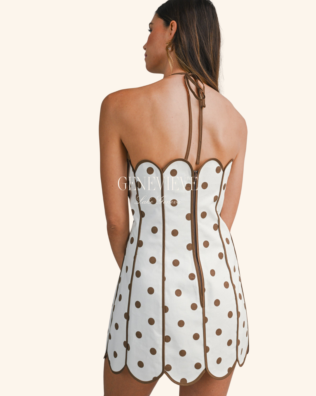 Mable Brown Polka Dot Halter Scalloped Mini Dress