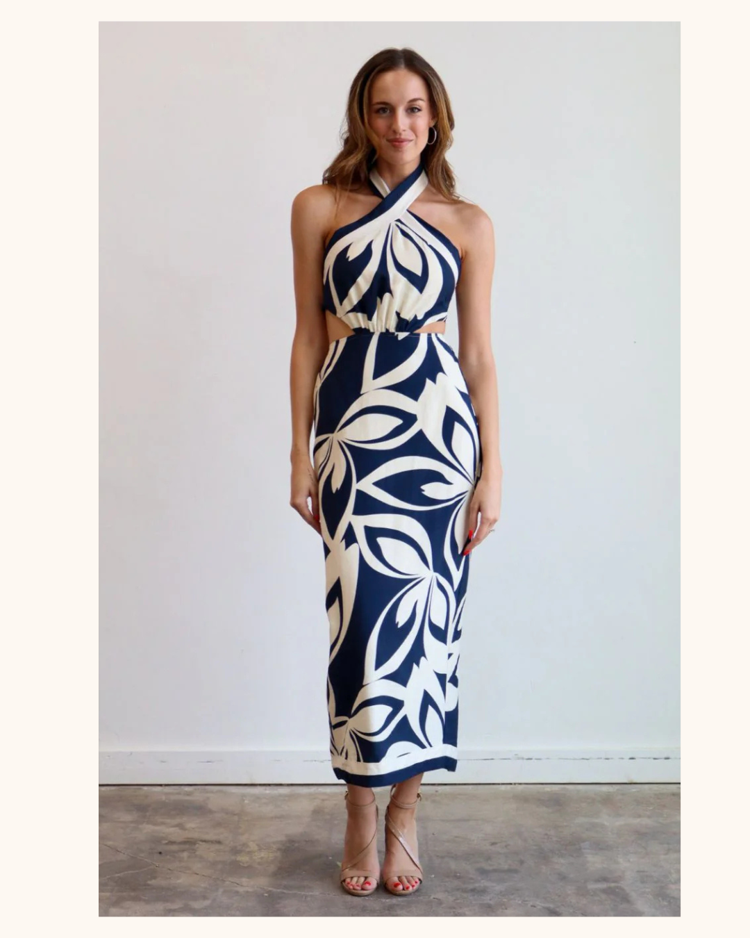 Mable Navy Printed Halter Midi Dress