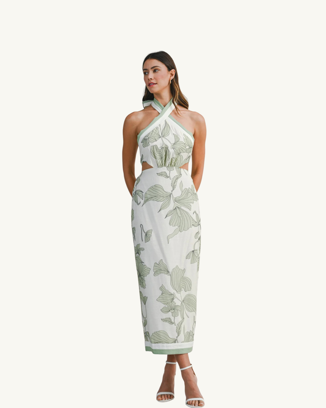 slim fit dress slacks Floral Round Neck A Line Sleeves Green Strappy Waisted Wedding Guest Dress, Green / L main image 0