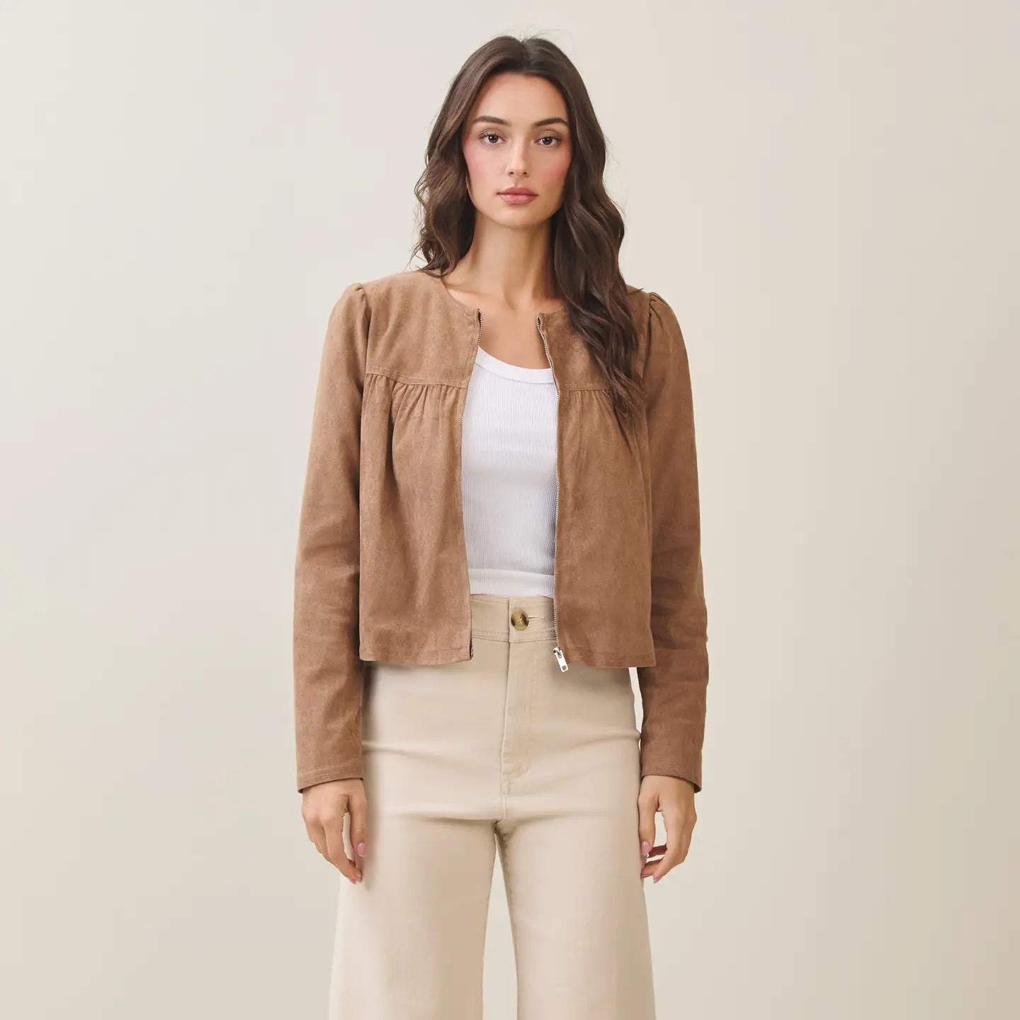 Able Shirred Vegan Suede Zip-Up Jacket
