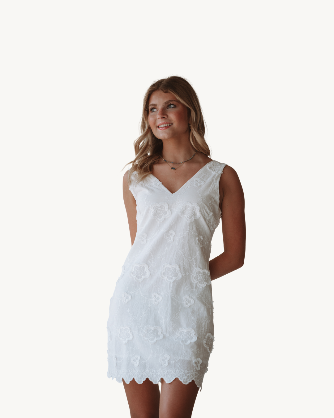 En Crème White V-Neck Lace Mini Dress