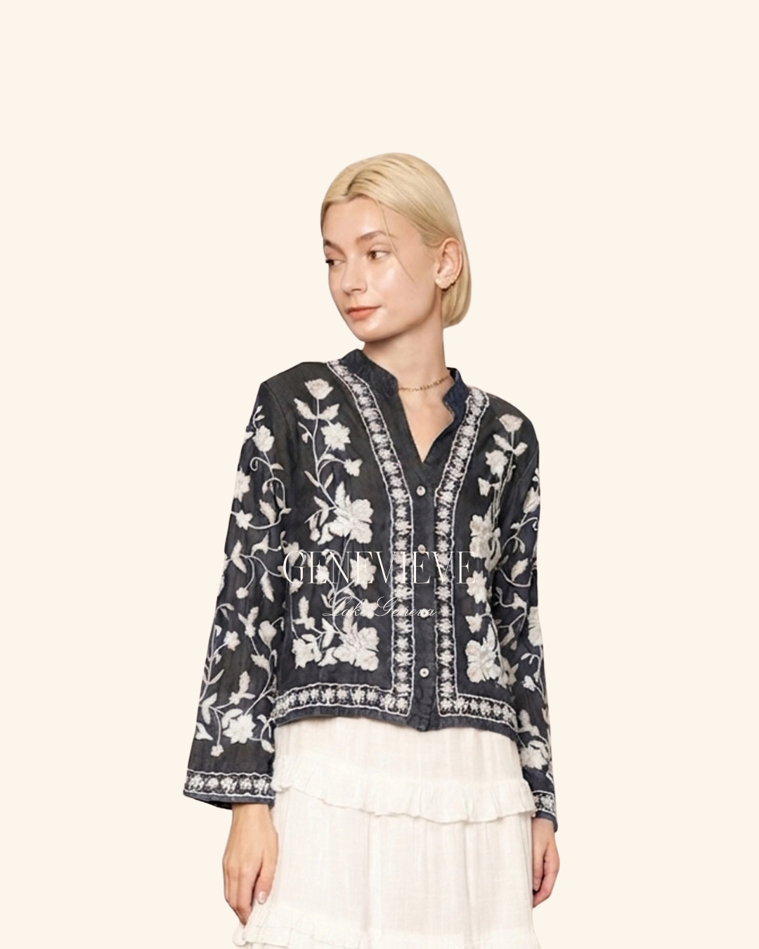 En Creme Black Long Sleeve Embroidered Top