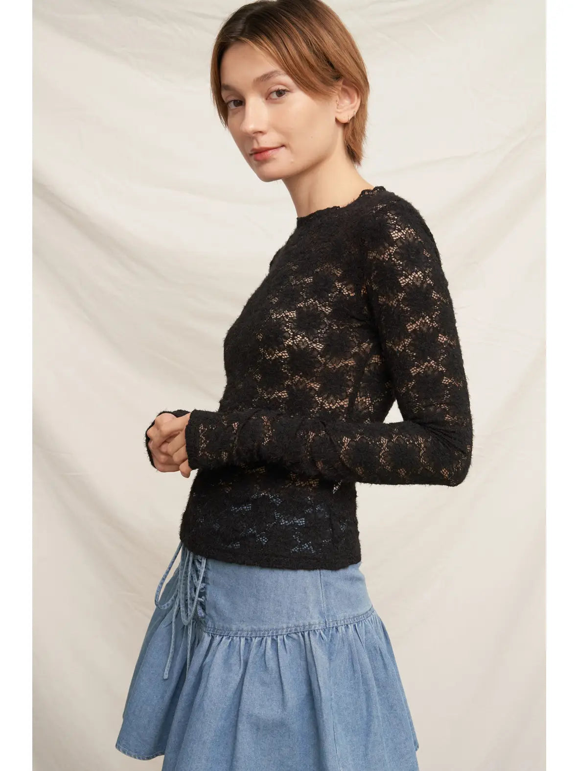 En Crème Floral Lace Long Sleeve Mesh Top