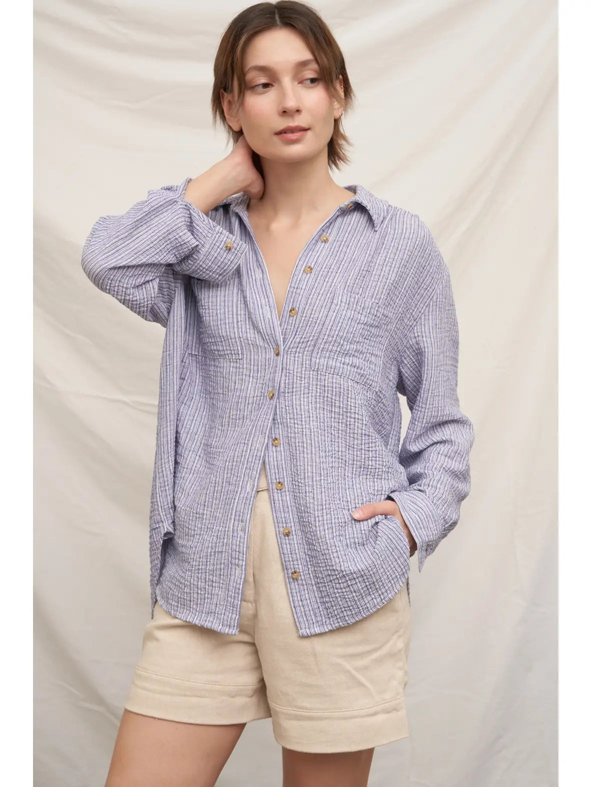 En Crème Textured Striped Button Down Shirt