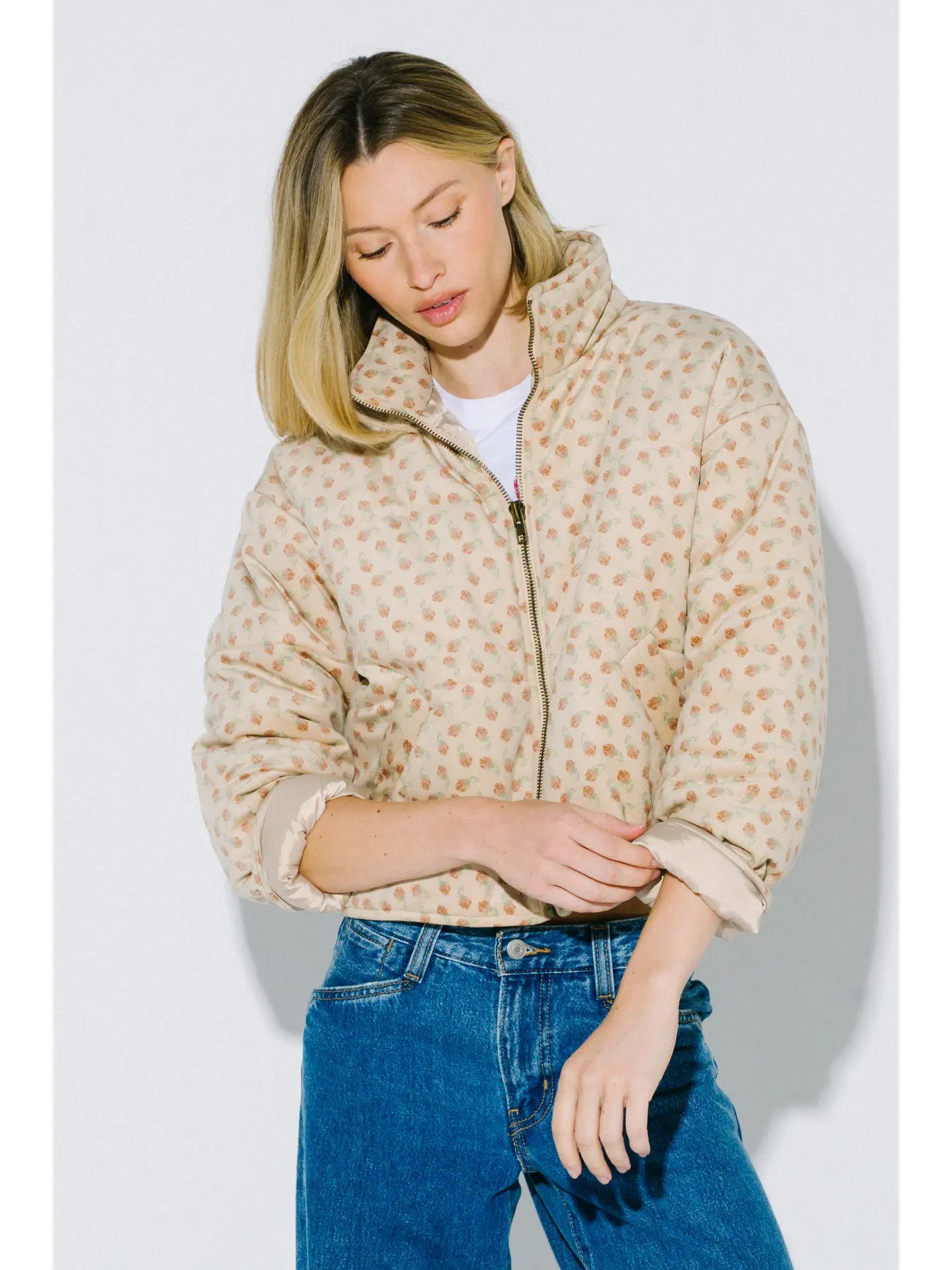 Blue Blush Dainty Floral Print Zip Up Puffer Jacket