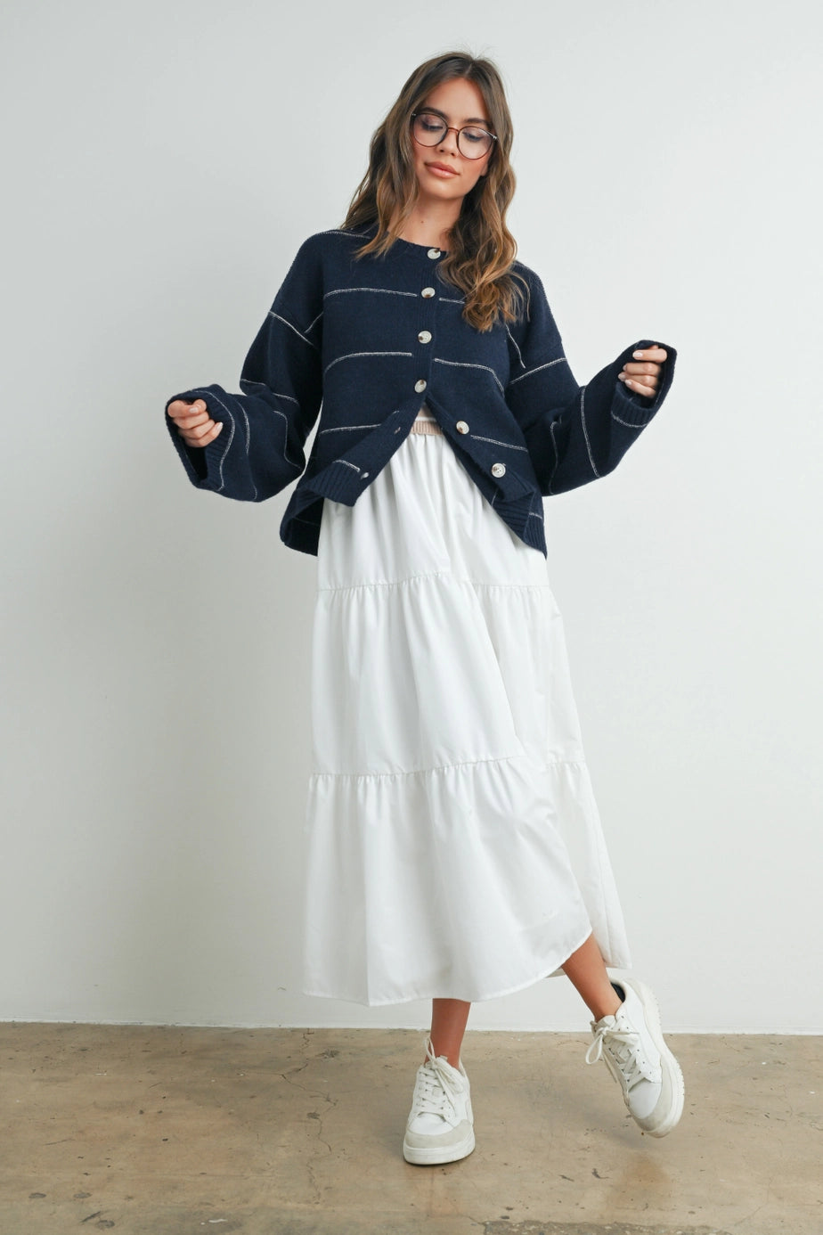 Butermelon Navy Button Front Striped Cardigan