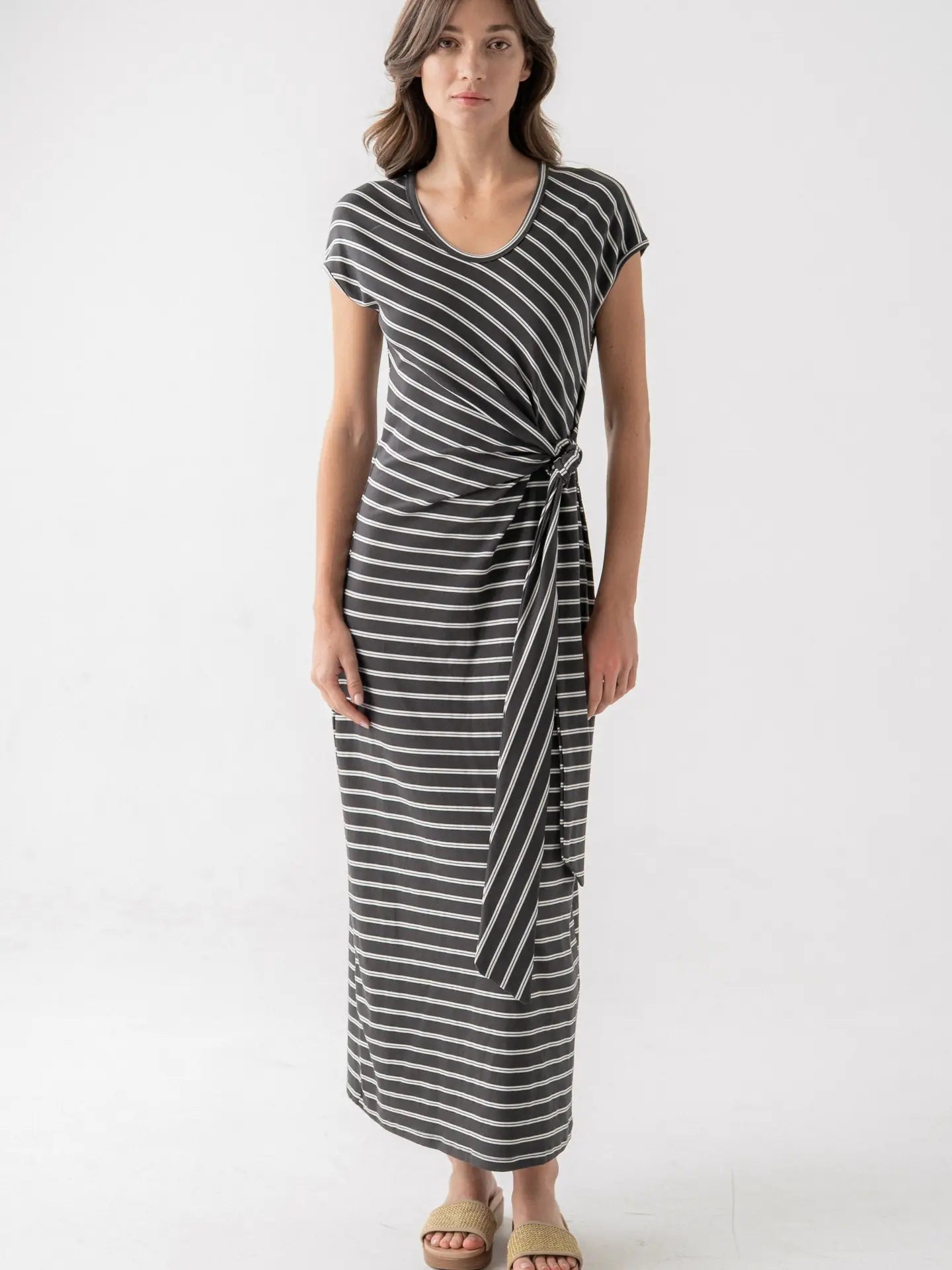 Elle Grey Striped Short Sleeve Wrap Midi Dress