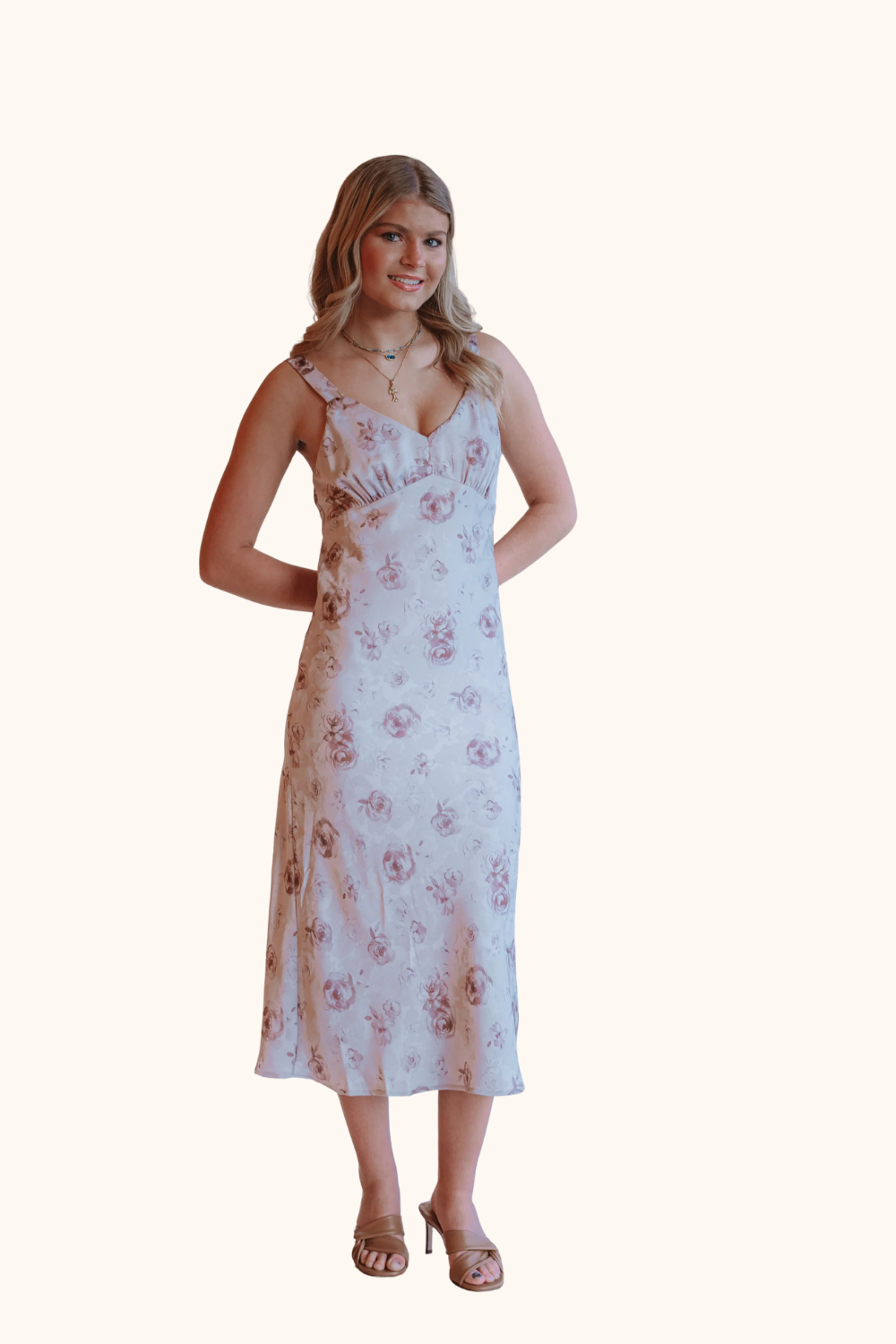 Storia Rose Print Satin Slip Midi Dress