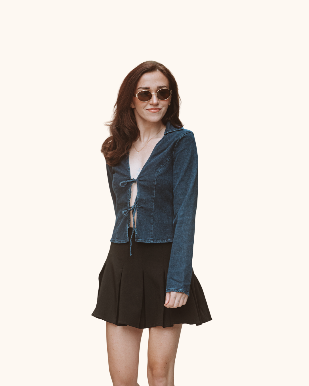 Blue Blush Stretch Denim Front Tie Collared Top