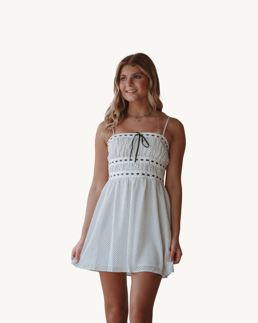 Storia White Polka Dot Ribbon Mini Dress