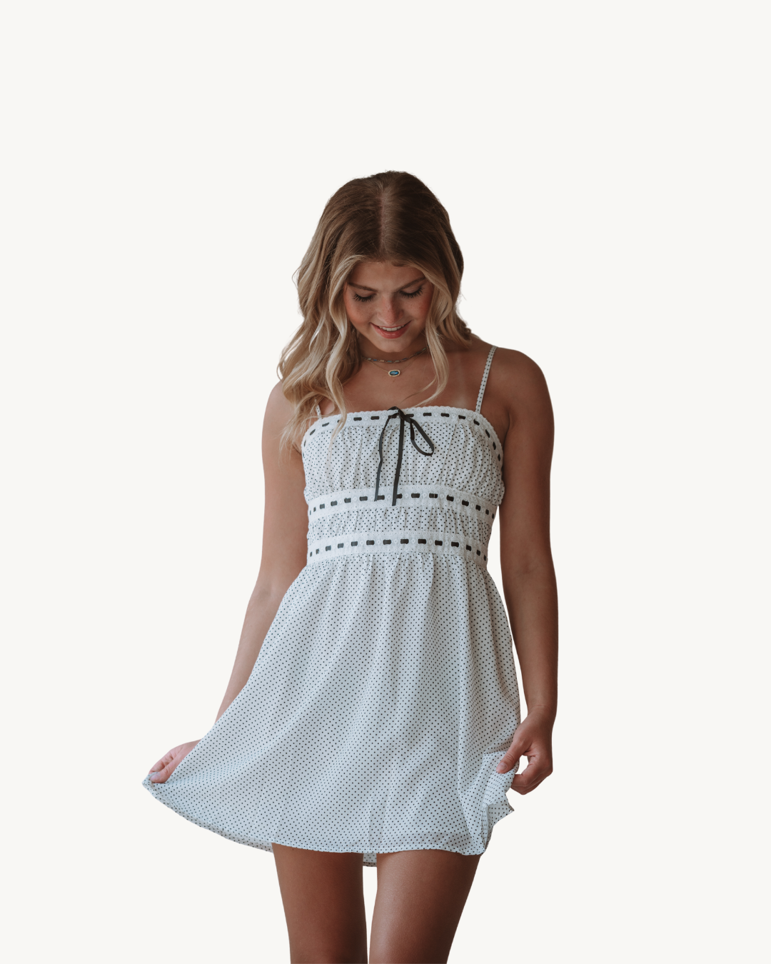 Storia White Polka Dot Ribbon Mini Dress