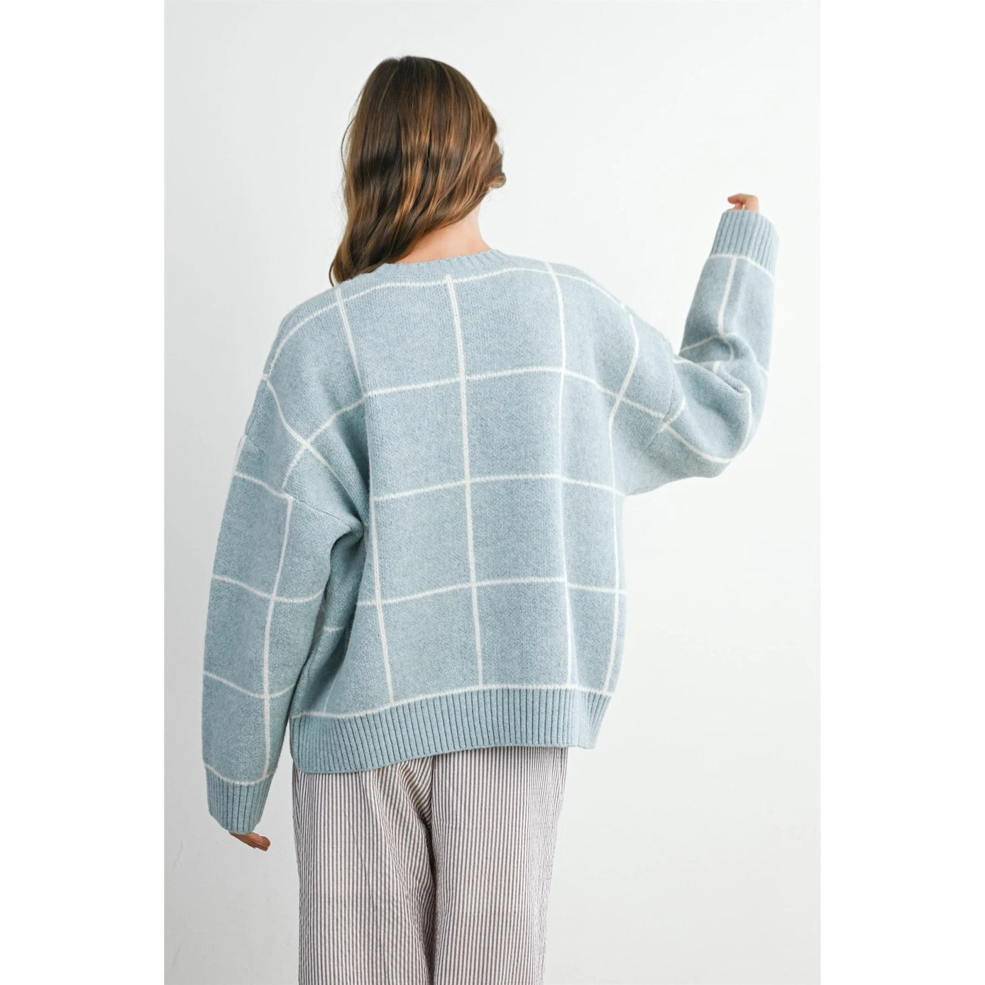Buttermelon Checkered Crew Neck Knit Sweater
